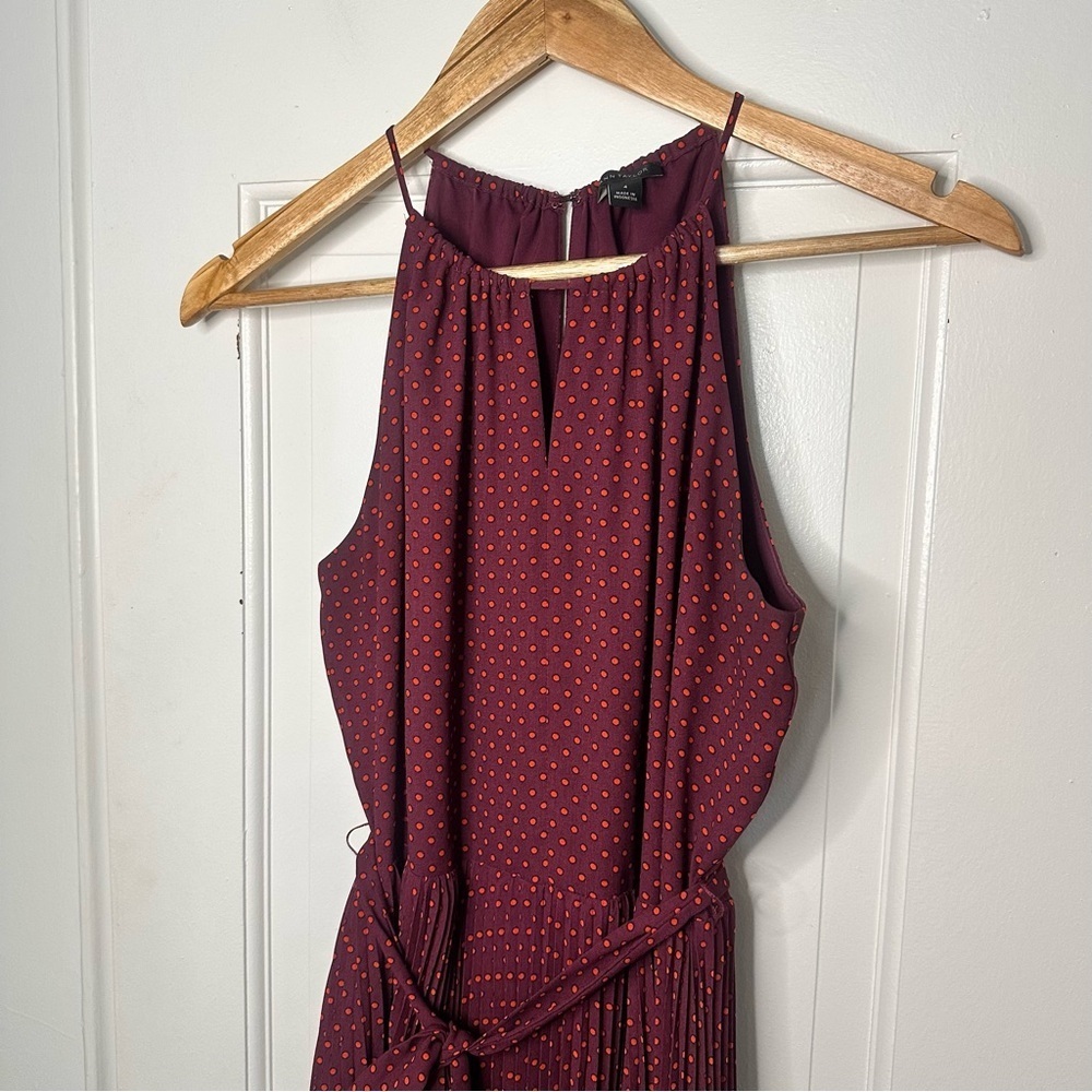 Ann Taylor Maroon Pleated Tiered Midi Dress Halter Polka Dot Career Holiday 4 S - Picture 5 of 9
